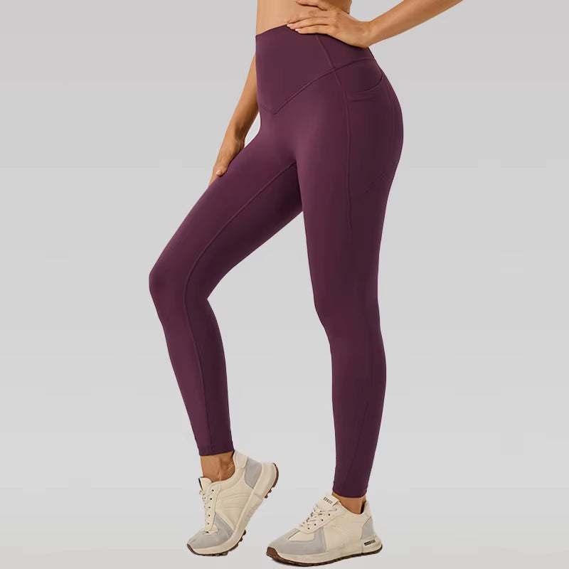 No-Show Yoga Pants One-Piece Fitness Gym Shorts Seamless Bare Sensation with Pockets Peach Butt Lifting Tight Sports Shorts