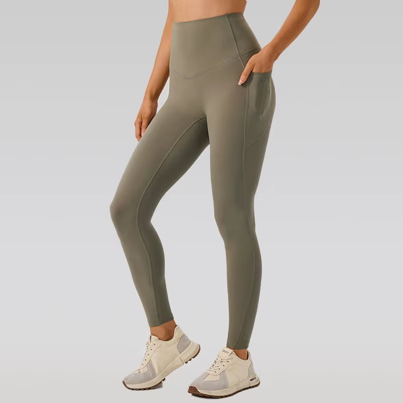 No-Show Yoga Pants One-Piece Fitness Gym Shorts Seamless Bare Sensation with Pockets Peach Butt Lifting Tight Sports Shorts