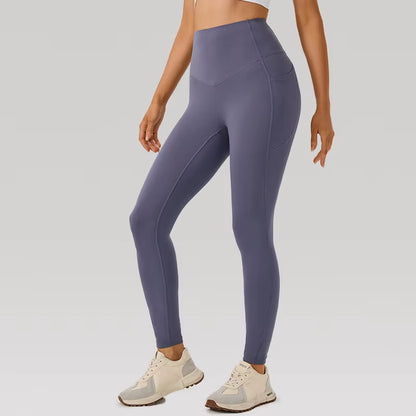 No-Show Yoga Pants One-Piece Fitness Gym Shorts Seamless Bare Sensation with Pockets Peach Butt Lifting Tight Sports Shorts