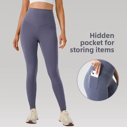 No-Show Yoga Pants One-Piece Fitness Gym Shorts Seamless Bare Sensation with Pockets Peach Butt Lifting Tight Sports Shorts