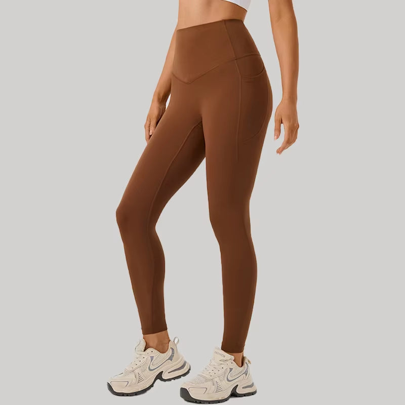 No-Show Yoga Pants One-Piece Fitness Gym Shorts Seamless Bare Sensation with Pockets Peach Butt Lifting Tight Sports Shorts
