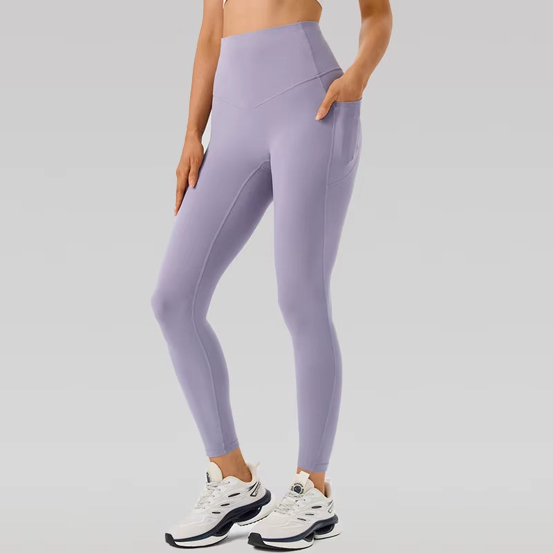 No-Show Yoga Pants One-Piece Fitness Gym Shorts Seamless Bare Sensation with Pockets Peach Butt Lifting Tight Sports Shorts